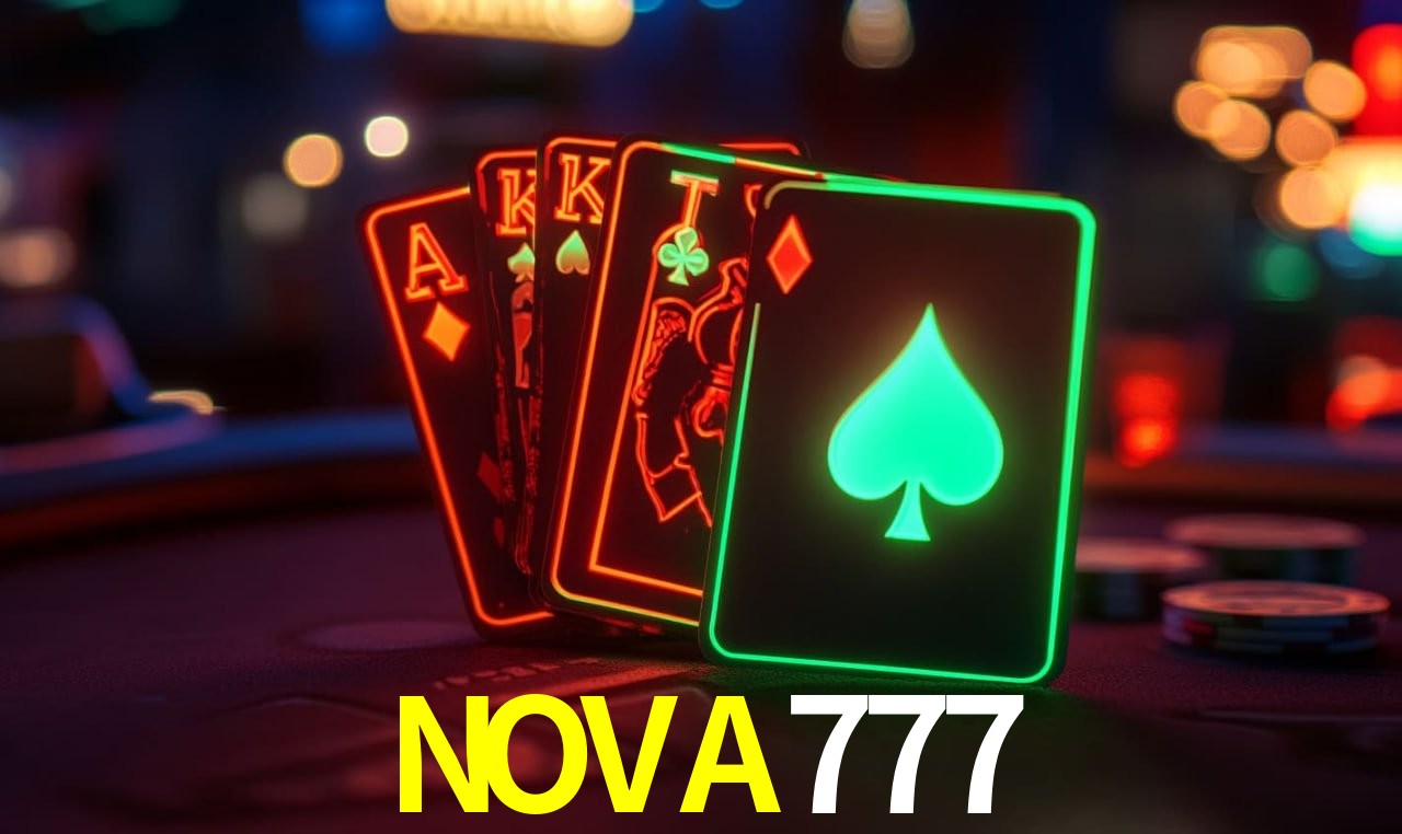 Escena dinámica inspirada en casino con iluminación NOVA777, cartas, fichas e íconos de juegos digitales en un espacio moderno de juegos.