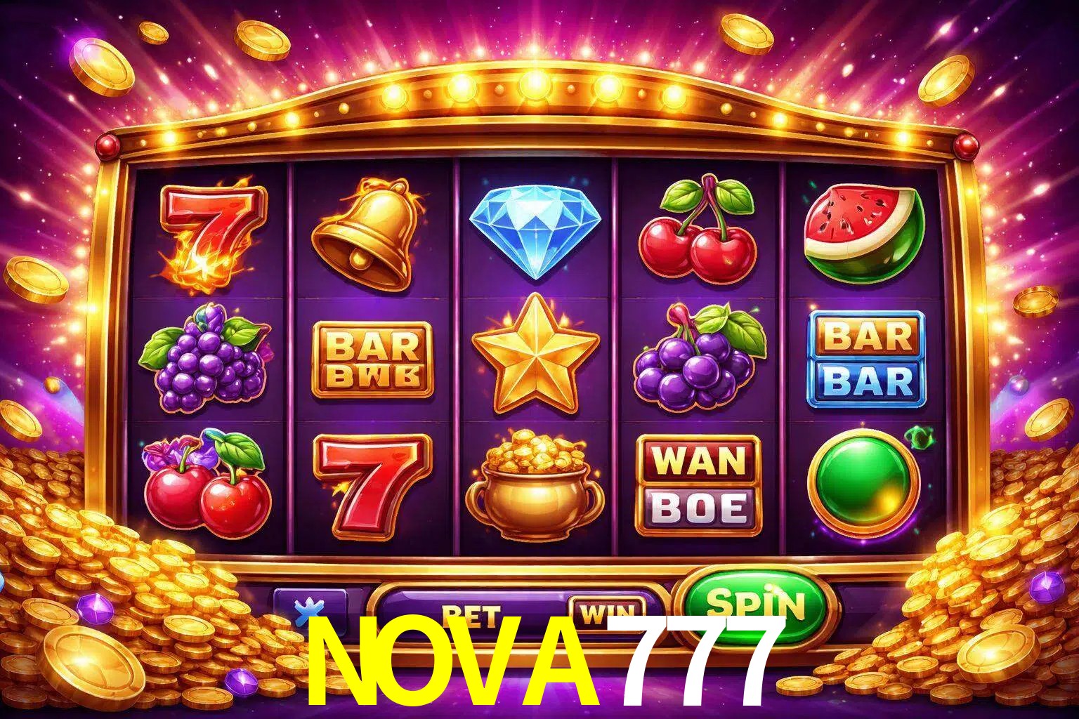 Una interfaz colorida de tragamonedas en línea con símbolos brillantes, monedas y un efecto de victoria celebratoria en NOVA777.