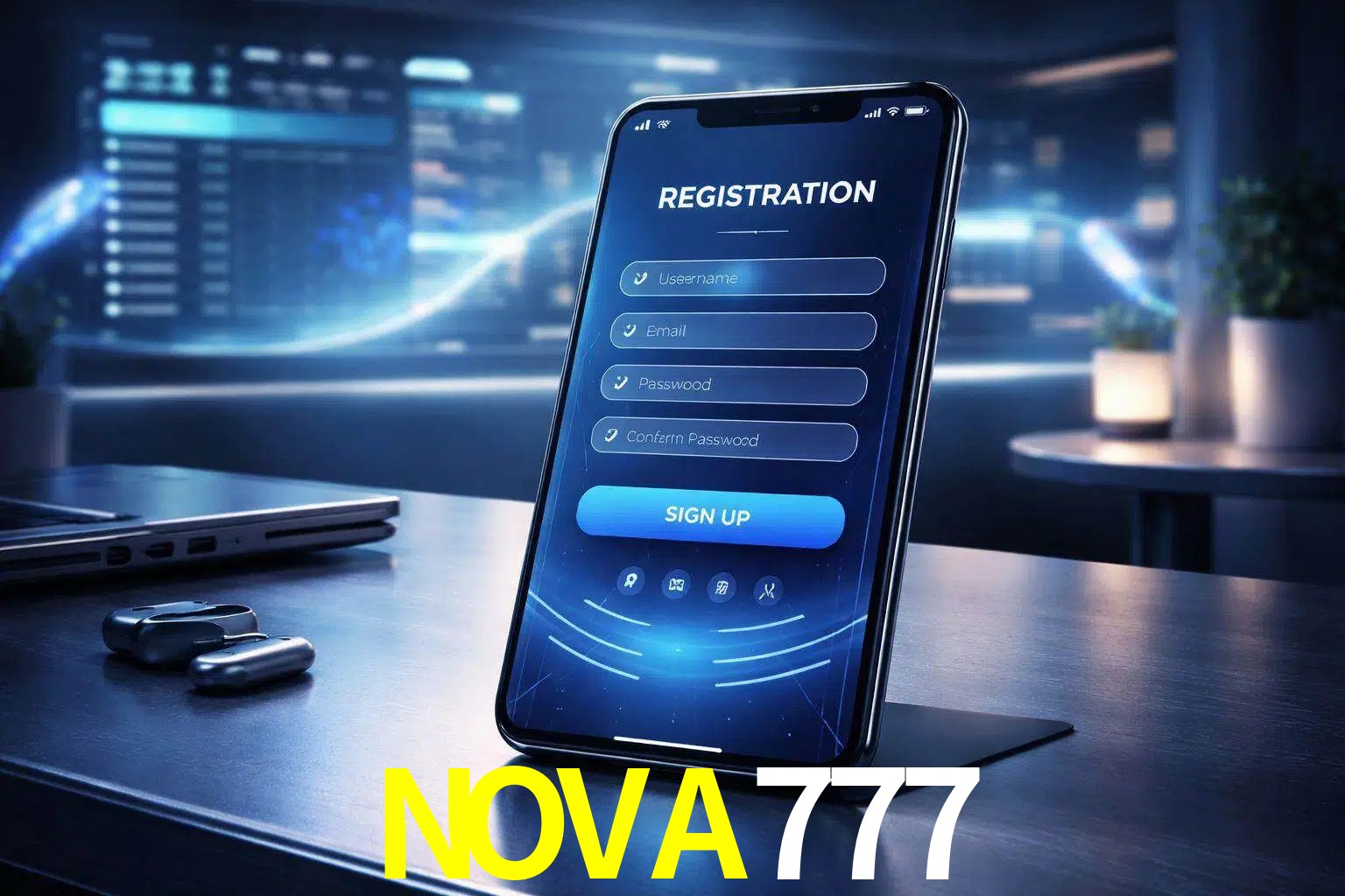 Una interfaz moderna de registro móvil para NOVA777 mostrada en un smartphone con un panel de apuestas elegante.
